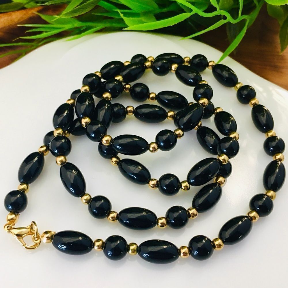 Vintage ESTATE Black Gold Beaded Necklace 4429